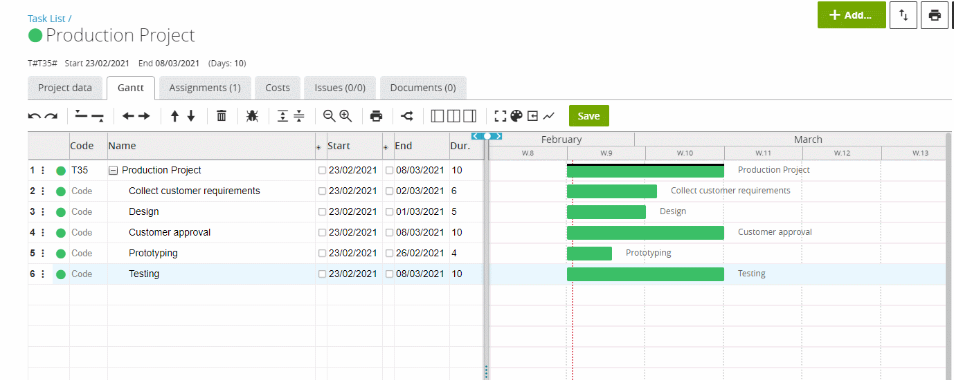 setting assignments in Gantt timeline