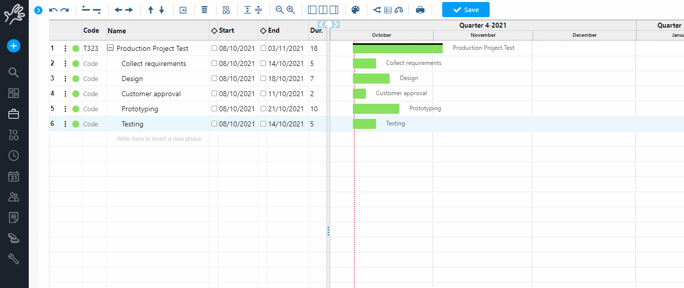 create a Gantt diagram with a tool such as Twproject
