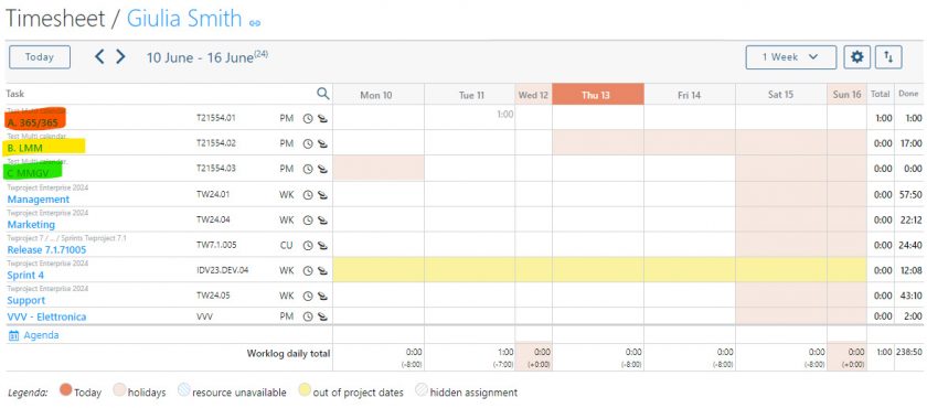 multiple calendas on timesheet