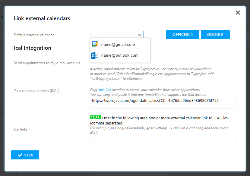 Default calendar selection in Twproject